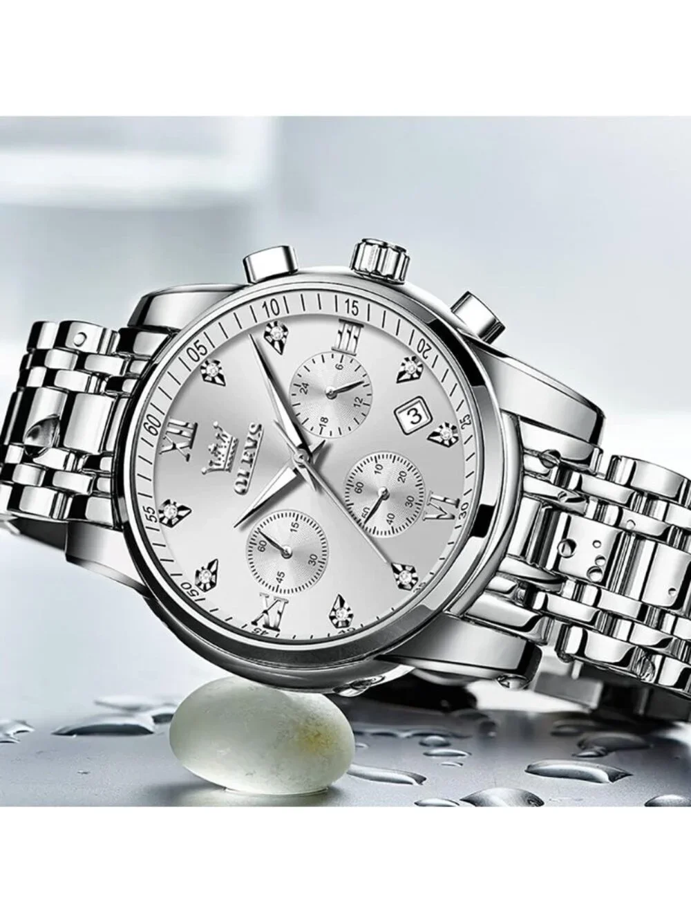 Olevs Mens Silver White Face Multifunction Waterproof Luminous Chronograph Watch